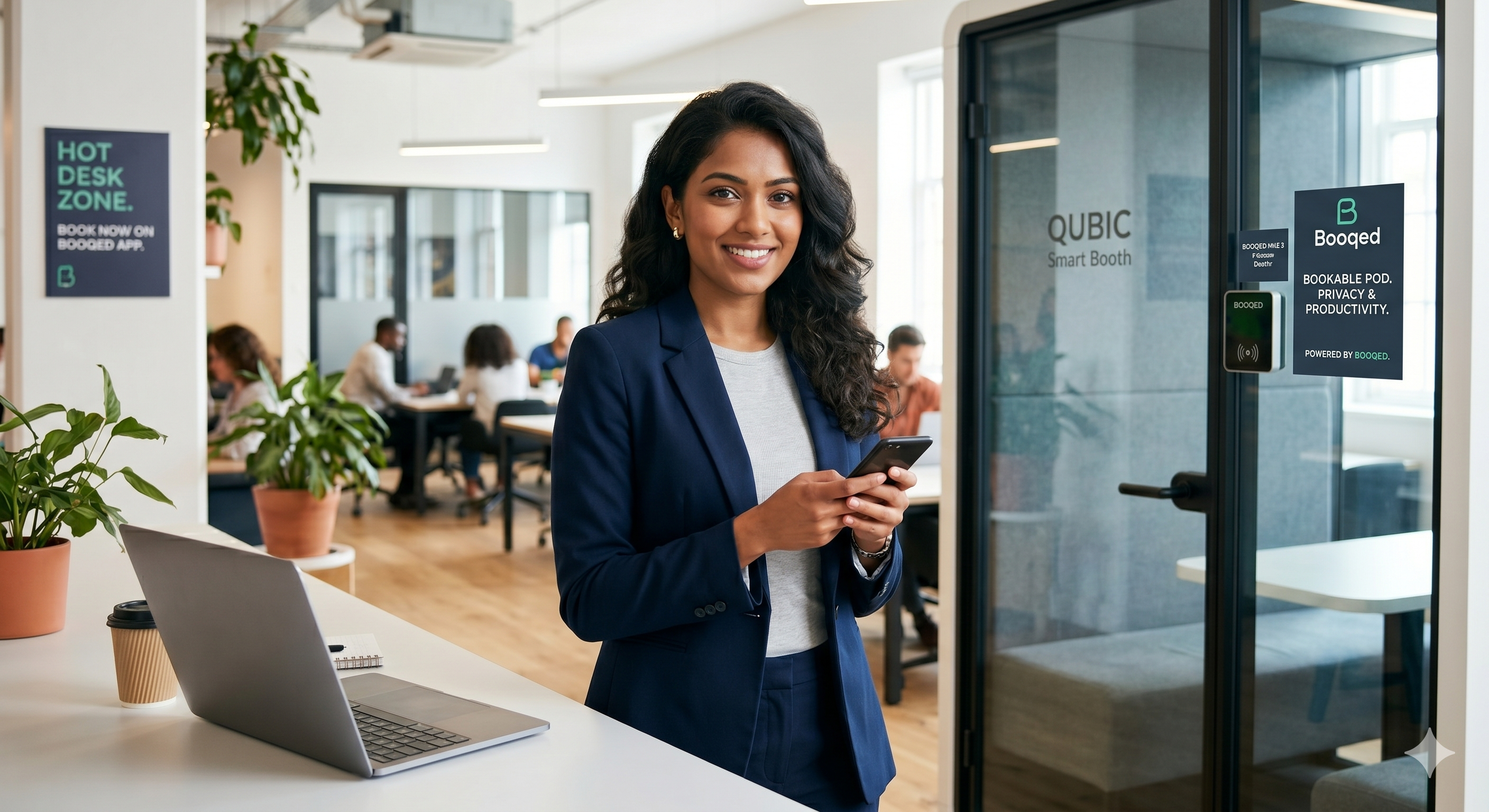 Booqed Service Partner in a modern office with smart booking booth and branded signage
